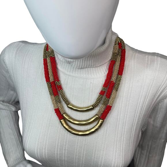 Chico's Jewelry - Chico's statement necklace red and gold tone multi strand signed costume jewelry
